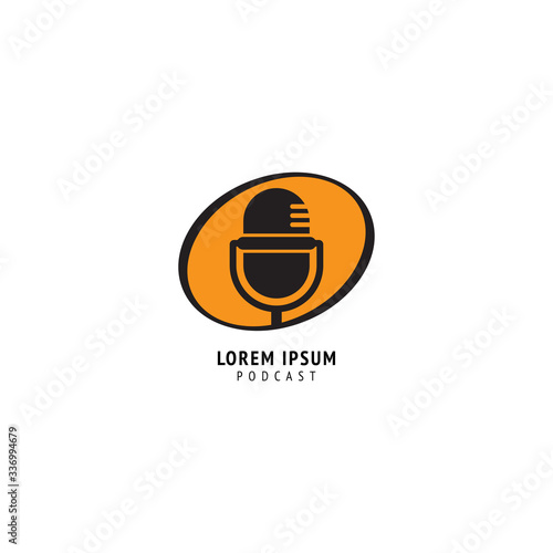 Minimal podcast logo design template. Silhouette retro microphone icon illustration with yellow oval ellipse shape behind. Stand up comedy logo isolated. Broadcasting, Host, Announcher, Anchor, Radio 