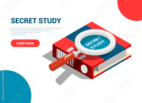 Red folder with classified materials for study. Can be used for web banner, in presentations and projects. Flat isometric vector illustration isolated on white background in bright colors Education.