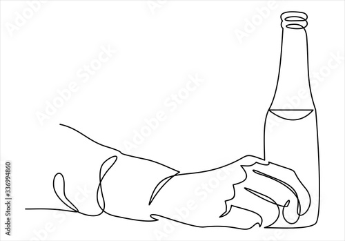 Hand holds a bottle man. vector illustration-continuous line drawing