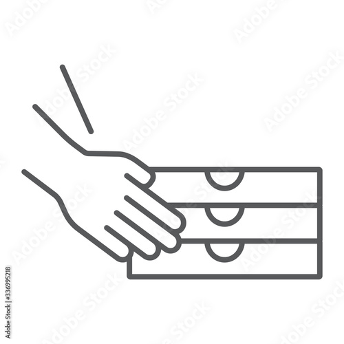 Hands holding pizza boxes thin line icon, pizza and service, pizza delivery sign, vector graphics, a linear pattern on a white background, eps 10.