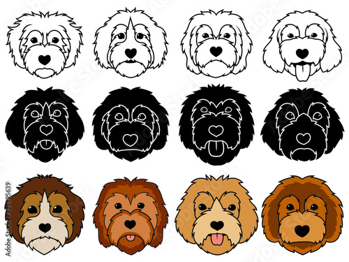 Set of portraits of various dogs. Collection of vector heads of dogs of the breed Goldendoodle. Print for clothes. Black and white drawing of illustration a fluffy dog. Tattoo Grodl.
