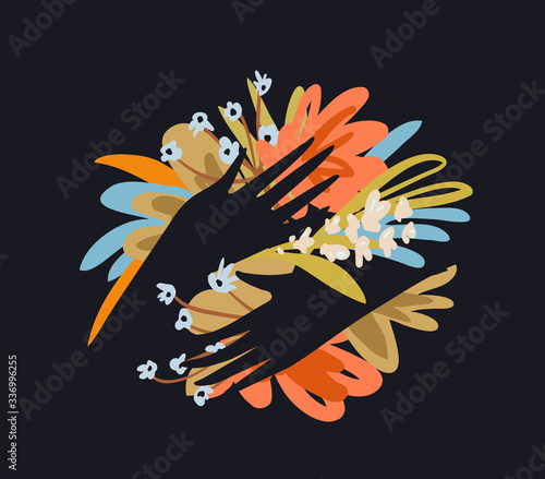 Hands embracing hugging flowers floral flat graphic composition for greeting card or t shirt on black background. Vector decorative blooming florals and female arms holding a bouquet.