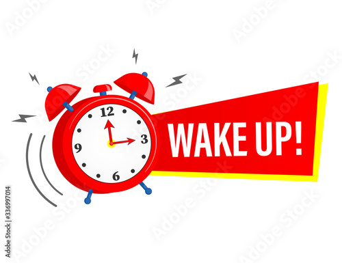 Wake up alarm clock icon with red ribbon. Vctor illustration on a white background.
