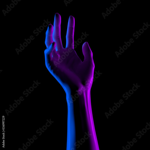 Neon colors open hand sculpture giving, holding, take or showing something gesture isolated on black background, 3d illustration,