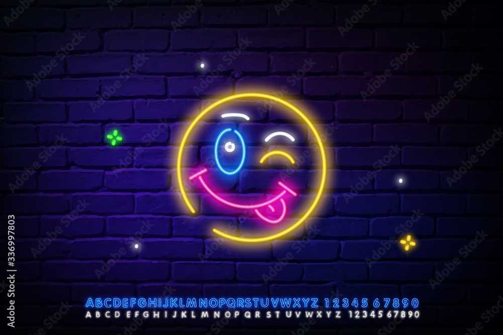 A happy smile shows the tongue neon icon. A fun Emoji Golden ...