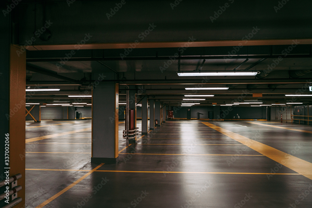 LUXEMBOURG CITY /  APRIL 2020: Empty shopping center parkings in times of Coronavirus global emergency