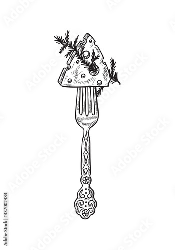 Cheese on a fork. Hand Drawn Sketch Slice of Cheese with Rosemary. Vector Illustration
