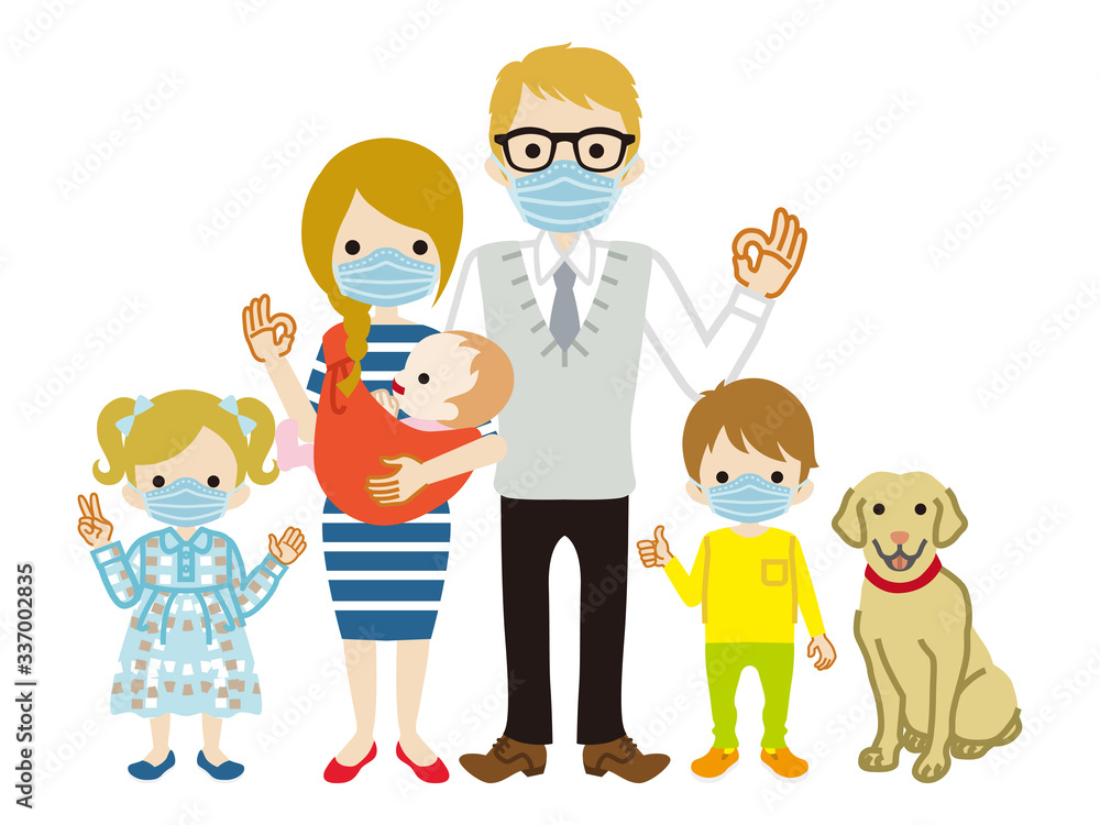 Caucasian family wearing medical mask - full length Caucasian family wearing medical mask - full length