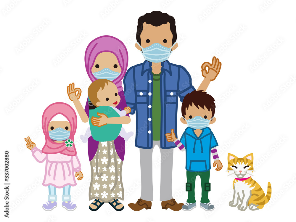 Muslim family wearing medical mask - full length Muslim family wearing medical mask - full length