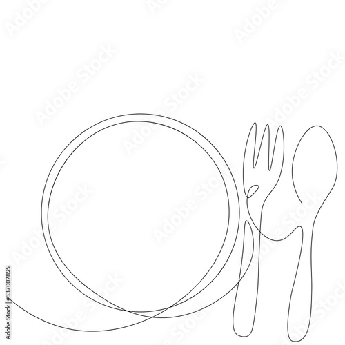 Plate, fork and spoon line drawing. Vector illustration