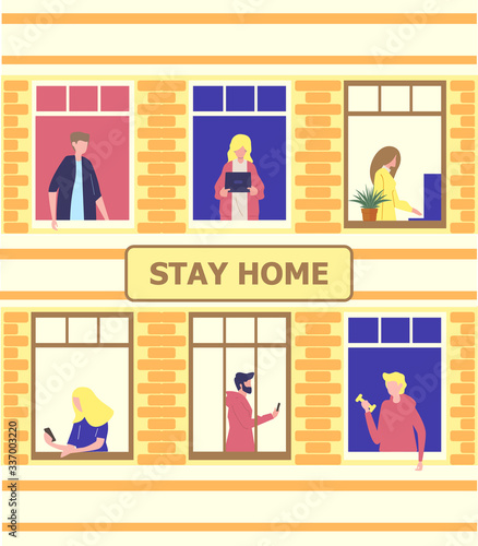Stay home concept. House facade with windows of apartments. Neighbors are doing daily things. People are drinking tea, talking. Social campaign and support people