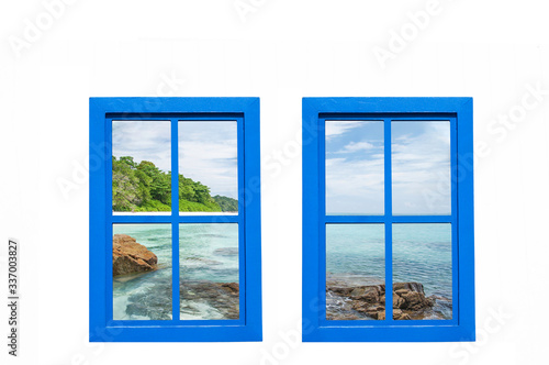 Vintage modern blue windows frame with space  blue ocean beautiful white beach landscape.