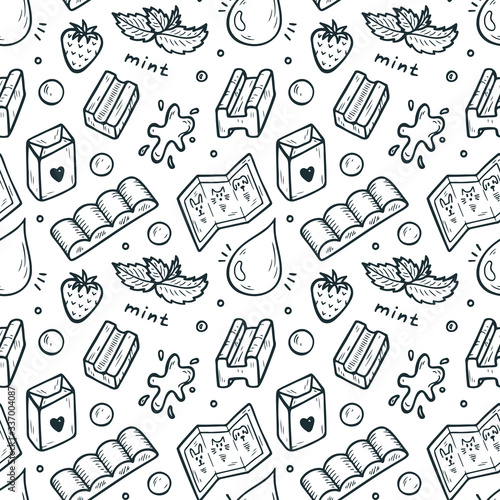 Strawberry and Mint Bubble Gum Seamless pattern. Hand Drawn Doodle Chewing Gums. Sweets. Black and White Vector illustration
