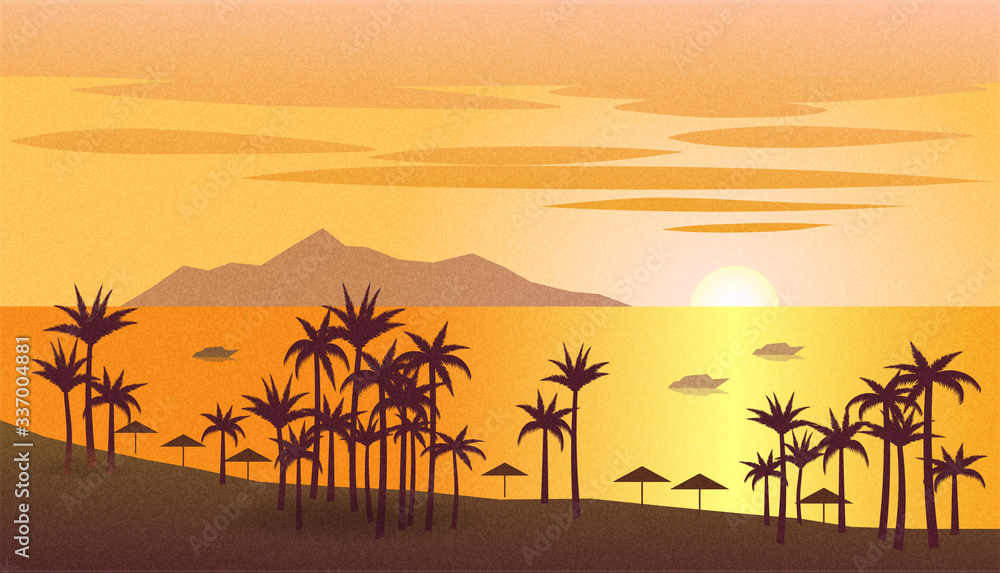 Sea landscape at sunset with palm trees, island, boats. Vector illustration background with grainy texture.