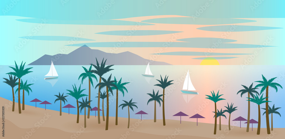 Summer seaside landscape with palm trees, island, sailboats. Vector illustration background.