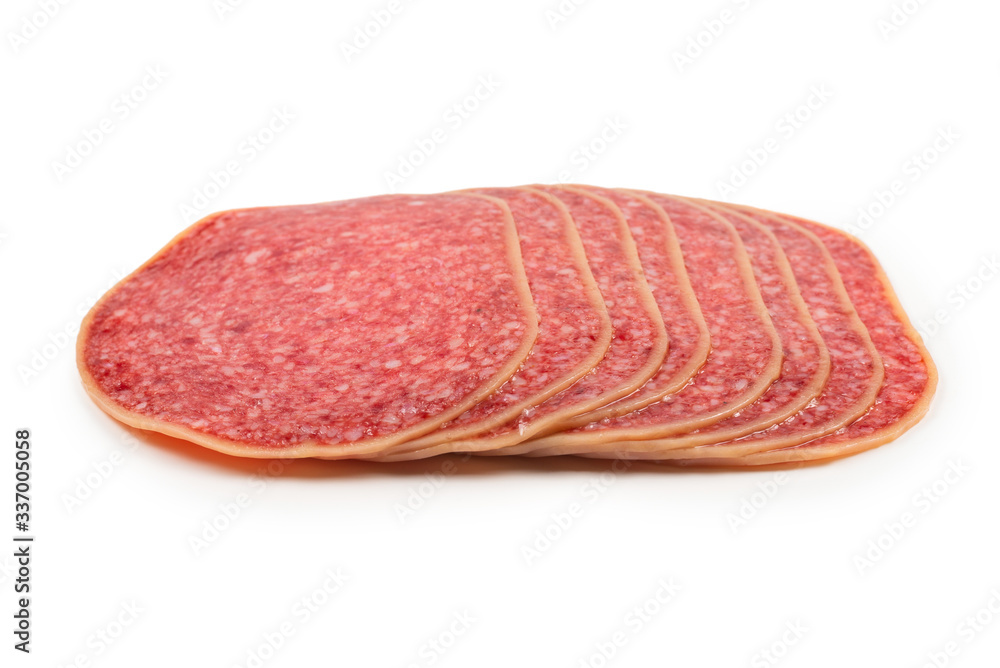 Salami slices isolated on white background. Salami slices isolated on white background.