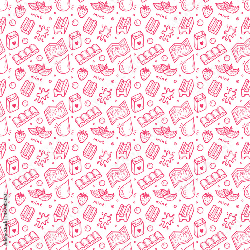 Strawberry and Mint Bubble Gum Seamless pattern. Hand Drawn Doodle Chewing Gums. Sweets. Vector illustration
