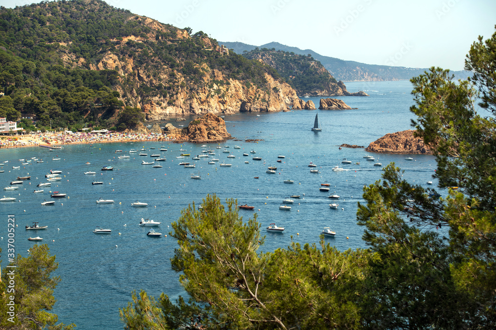 Rocky coast with green vegetation in a beautiful bay of the Mediterranean Sea with boats, yachts and boats