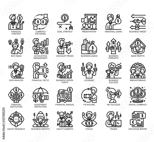 Set of financial strategy thin line and pixel perfect icons for any web and app project.
