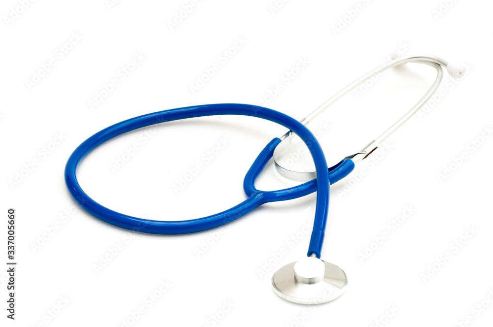 Doctor stethoscope blue rubber for check up patient heartbeat for diagnose disease, close up part of doctor stethoscope isolated on white with copy space for text. Doctor stethoscope blue rubber for check up patient heartbeat for diagnose disease, close up part of doctor stethoscope isolated on white with copy space for text.