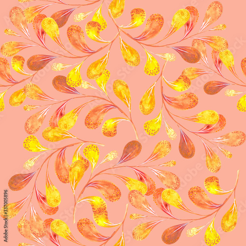 Pink-yellow watercolour branches on pink background. Floral seamless pattern, tender textile print, wallpaper design.