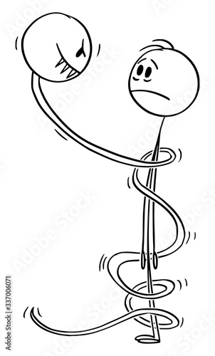 Vector cartoon stick figure drawing conceptual illustration of man endangered by man snake twisted around him.