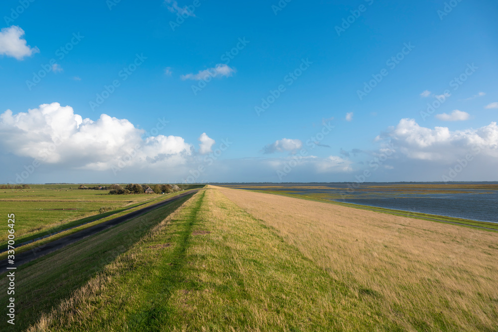 Coastal landscape with flood embankment near Westerhever