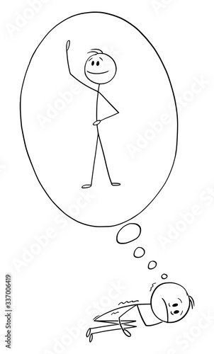 Vector cartoon stick figure drawing conceptual illustration of man in collapse or break down, lying on the ground and imagining yourself as confident and strong person.