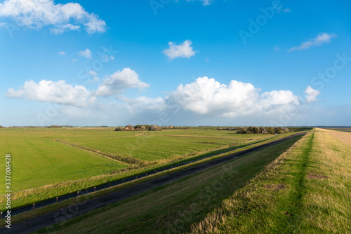 Coastal landscape with flood embankment near Westerhever