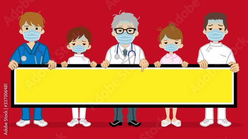 Tired Medical occupation people holding blank banner