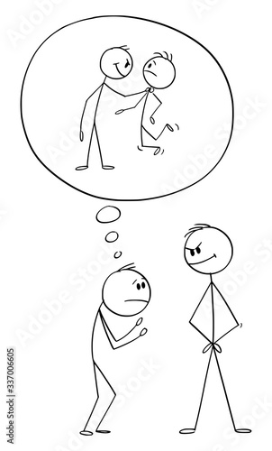 Vector cartoon stick figure drawing conceptual illustration of stressed man in fear crouch or cringe to more confident and successful man, imaging yourself as stronger.