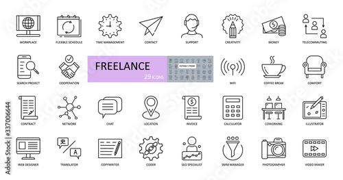Freelance icons. Editable stroke vector set includes workplace, flexible schedule, project search, comfort, time management, money, telecommuting, creativity, money, support, network, contact, wifi