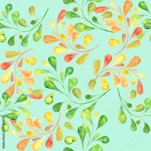 Green and orange watercolour branches on light green-blue background. Floral seamless pattern, tender textile print, wallpaper design.