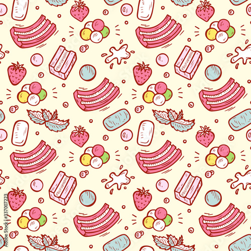 Sweets. Strawberry and Mint Bubble Gum Seamless pattern. Hand Drawn Doodle Chewing Gums. Vector illustration
