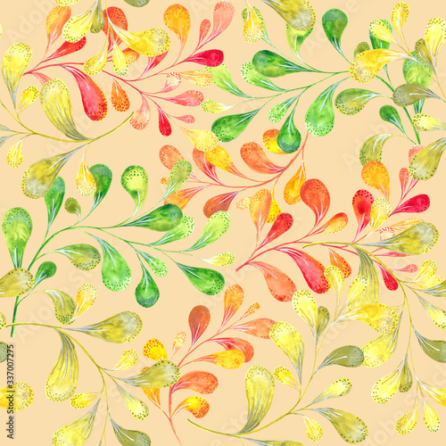 Green  red and yellow watercolour branches on light-orange background. Floral seamless pattern  tender textile print  wallpaper design.