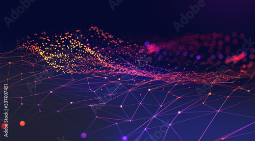 Neural network 3D illustration. Abstract Big data concept. Global database and artificial intelligence. Bright, colorful background with bokeh effect