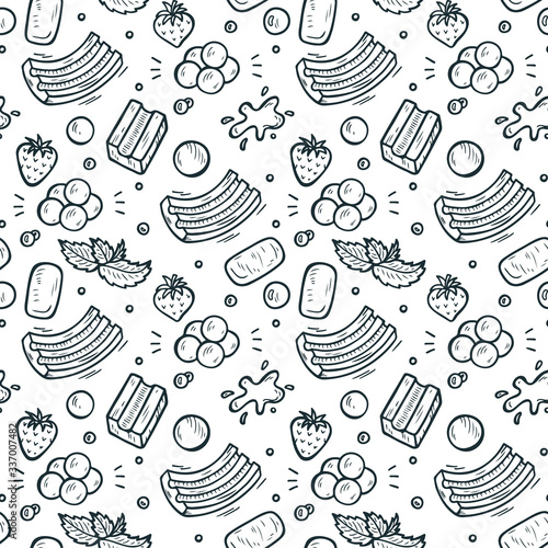 Sweets. Strawberry and Mint Bubble Gum Seamless pattern. Hand Drawn Doodle Chewing Gums. Black and White Vector illustration
