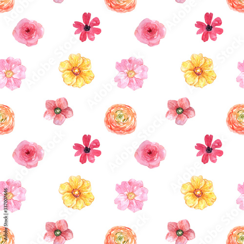 Watercolor bright floral seamless pattern. Hand painted cute small pink and y...