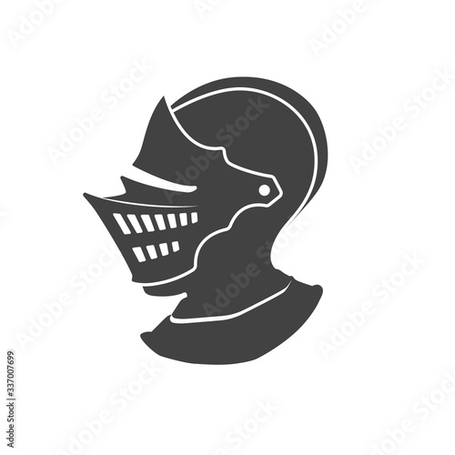 Black silhouette of isolated knight helmet. Side view. Medieval armor icon. Fantasy sign