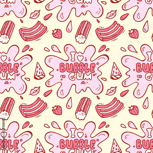 Sweets. Strawberry and Watermelon Bubble Gum Seamless pattern. Hand Drawn Doodle Chewing Gums. I love bubble gum. Vector illustration
