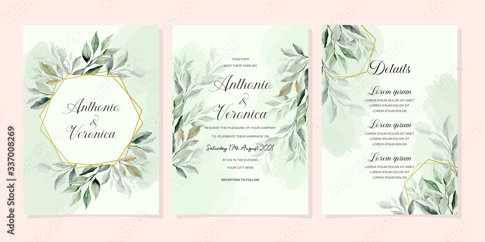 wedding invitation card set with green leaves watercolor wedding invitation card set with green leaves watercolor