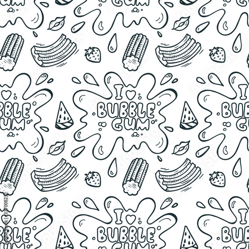 Sweets. Strawberry and Watermelon Bubble Gum Seamless pattern. Hand Drawn Doodle Chewing Gums. I love bubble gum. Black and White Vector illustration

