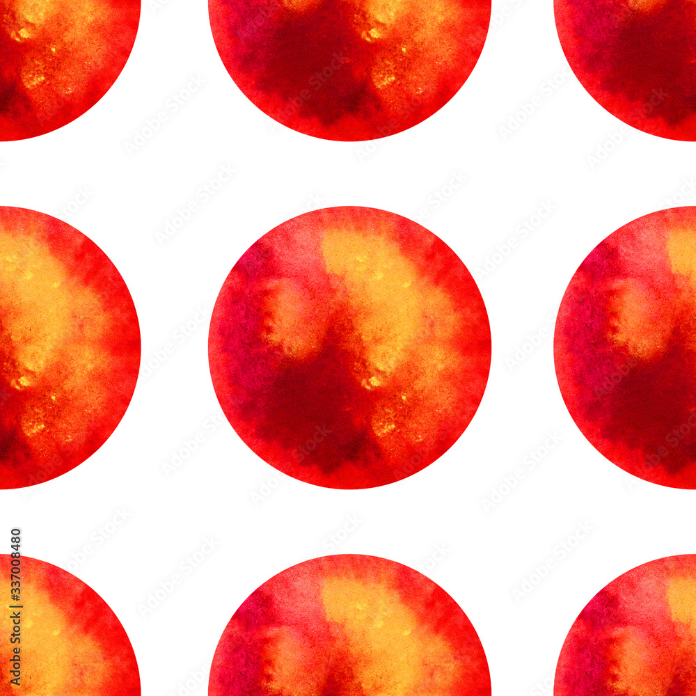 Obraz premium Pattern with red-yellow watercolor circles. Watercolor hand drawing