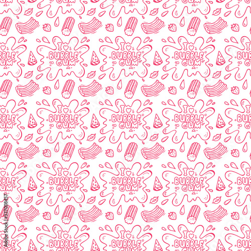 Sweets. Strawberry and Watermelon Bubble Gum Seamless pattern. Hand Drawn Doodle Chewing Gums. I love bubble gum. Pink Vector illustration
