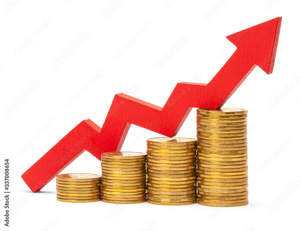 Red up arrow and stacks of gold coins isolated on white background Red up arrow and stacks of gold coins isolated on white background