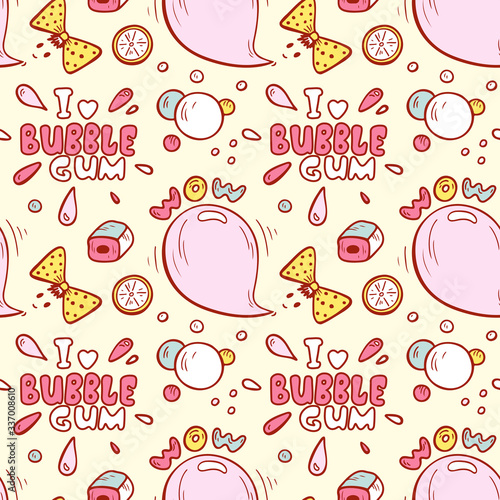 Sweets. Bubble Gum Seamless pattern. Hand Drawn Doodle Chewing Gums. I love bubble gum. Vector illustration
