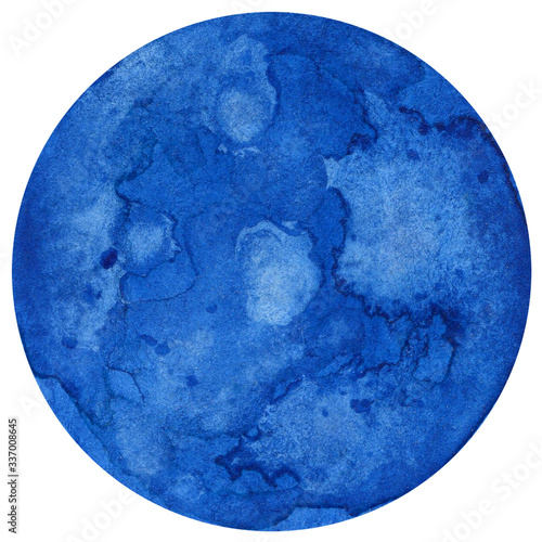 Illustration with a blue watercolor circle. Watercolor hand drawing
