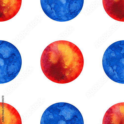 Pattern watercolor circles of red-yellow and blue. Watercolor hand drawing