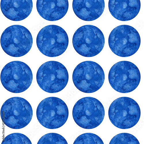 Pattern with blue watercolor circles. Watercolor hand drawing