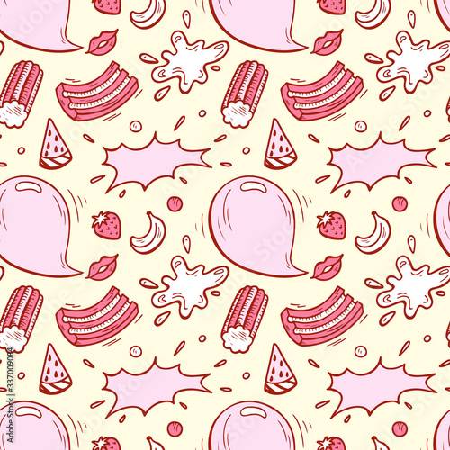 Sweets. Bubble Gum and Fruits Seamless pattern. Hand Drawn Doodle Chewing Gums. Vector illustration
